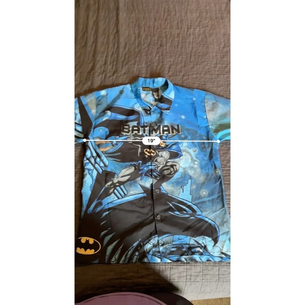 Vintage Batman Comic Button Up Shirt‎ Kids Size 12/14 Blue Graphic Print